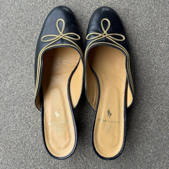RALPH LAUREN 80’s Navy Blue Leather Military Nautical Mules Loafers 10B ITALY! - Picture 7 of 8
